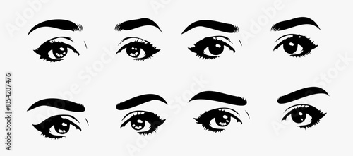 Illustrations of glamorous female eyes - long eyelashes and arched eyebrows, set of silhouettes in black.