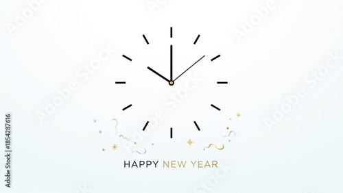 Happy New Year Countdown Clock Approaching Midnight, Minimalist Design with Gold Confetti