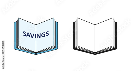 Two open books one with the word savings on its pages illustration style