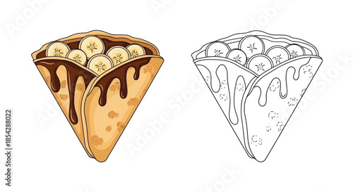 Delicious crepe filled with sliced bananas and drizzled with rich chocolate sauce