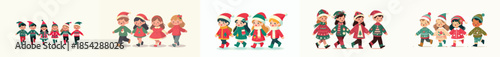 vector of little children walking together dressed as Christmas