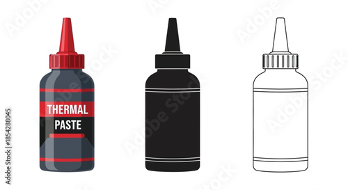 Three bottles of thermal paste in different styles colored and outlined