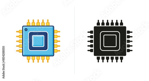 Two representations of a microchip color and monochrome illustrations