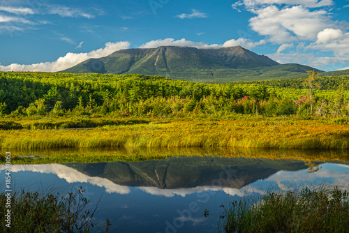 Mount Katahdin reflected in the water of the Abol Stream on a clear summer's day, Millinocket, Maine