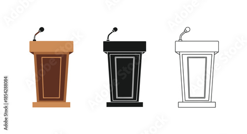 Three podium designs wooden black and white line art illustrations