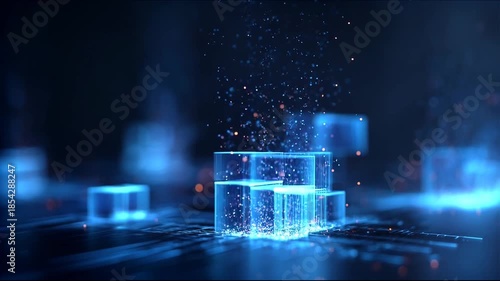 Abstract blue glowing cubes with floating data particles in dark digital space representing blockchain and future technology