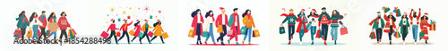 vector of group of people walking together shopping for Christmas gifts