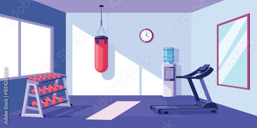 Home fitness room with exercise equipment and purple blue interior