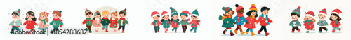 vector of little children walking together dressed as Christmas