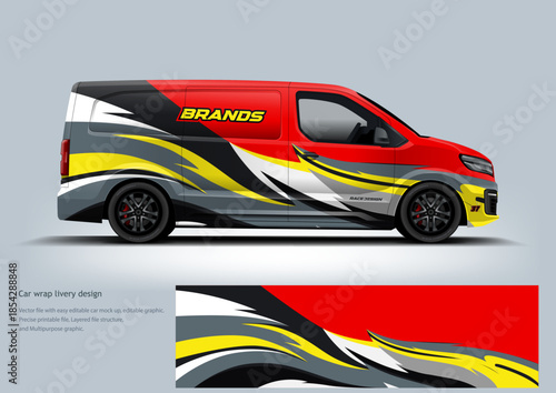 A flowing red and yellow Car wrap with sweeping racing lines that create a sense of motion and speed.
