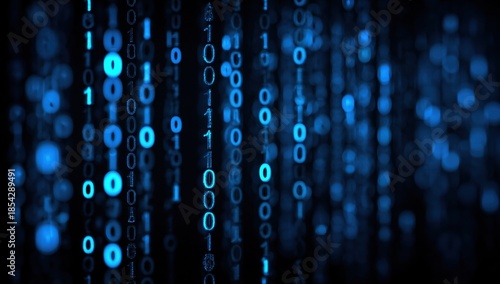 digital background featuring blue numbers and code, creating an atmosphere of data technology and cybersecurity binary number streams flowing on a black background Generative AI