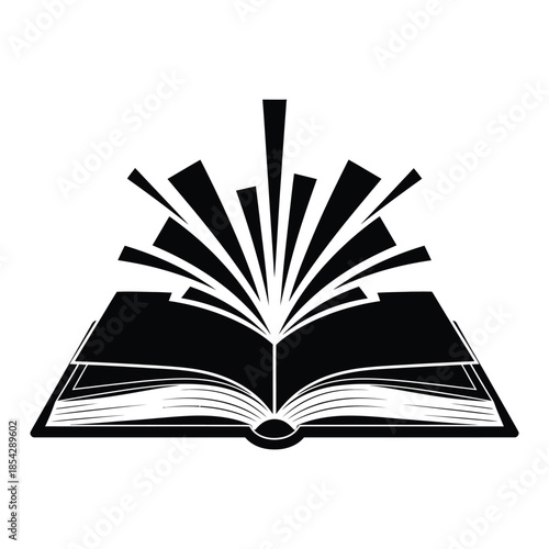 An open book with pages radiating outwards a striking black and white silhouette