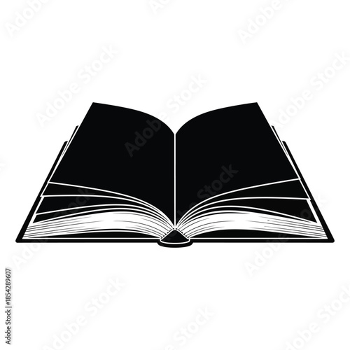 an open book with visible pages detail depicted as a striking black silhouette