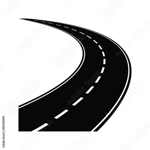 A curving road stretches into the distance depicted as a bold black silhouette
