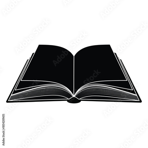 An open book with detailed pages is presented in a striking black silhouette