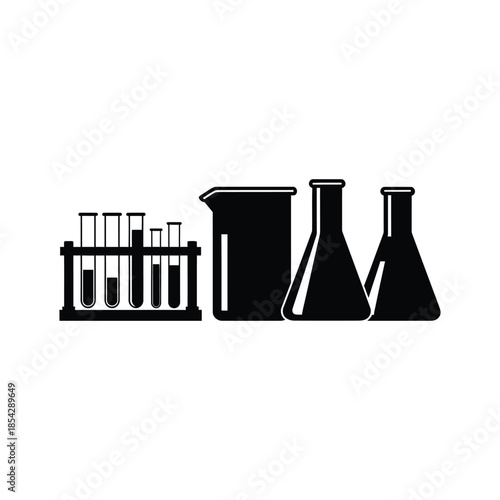 Black and white graphic of laboratory glassware including test tubes and beakers silhouette