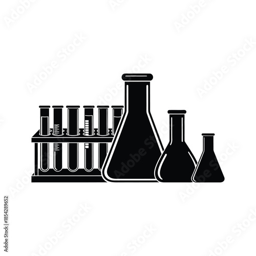 A collection of laboratory glassware depicted in a striking black silhouette