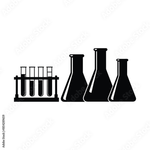 A striking black and white depiction of laboratory glassware in a bold silhouette