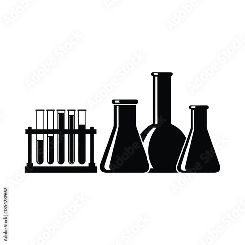 Black and white illustration of lab equipment test tubes and beakers a bold silhouette