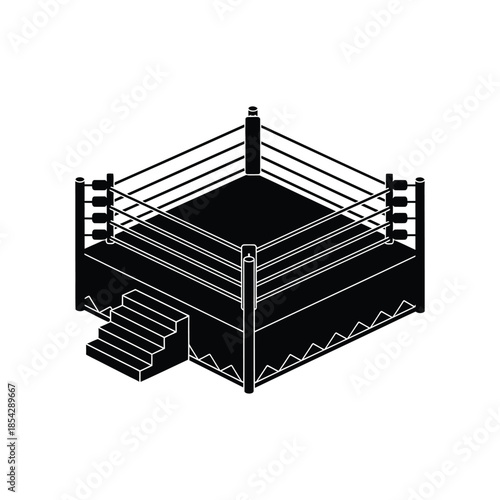Isometric view of an empty boxing ring with ropes and steps a dark silhouette