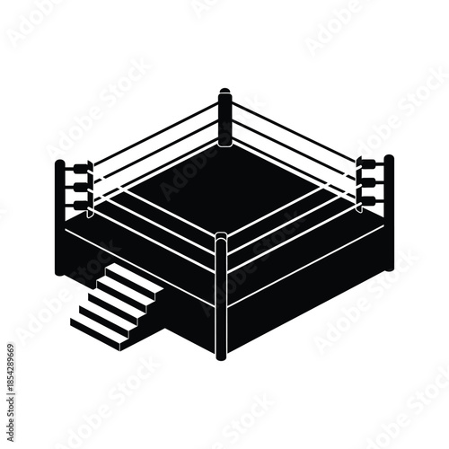 Isometric view of a boxing ring corner with ropes and steps black silhouette