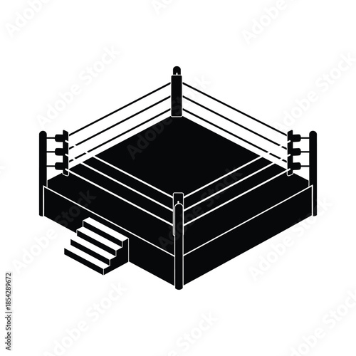 An isometric view of a boxing ring featuring a stark black silhouette