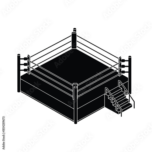 an isolated black and white illustration of a boxing ring with a stark silhouette