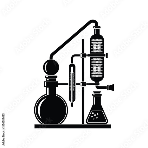 Detailed illustration of a classic chemistry distillation apparatus in stark silhouette