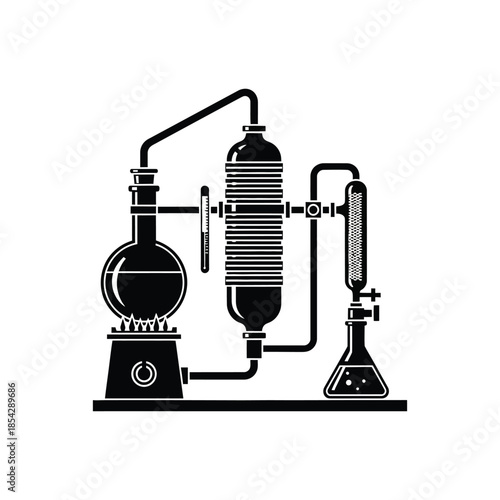 Detailed illustration of a vintage chemistry apparatus showcasing distillation equipment silhouette