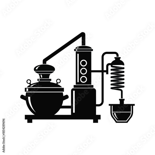 Detailed illustration of a vintage alchemy still apparatus in black a striking silhouette