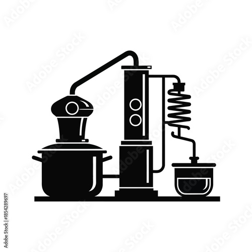 Detailed illustration of a classic distilling apparatus showcasing the process in silhouette
