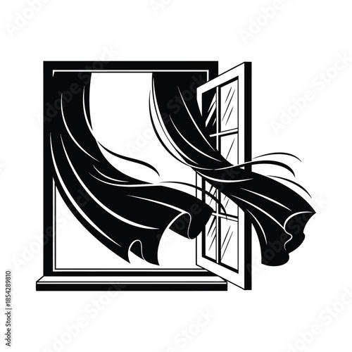 an open window with flowing curtains depicted in a dramatic black and white silhouette