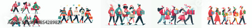 vector group of people walking carrying Christmas gifts together