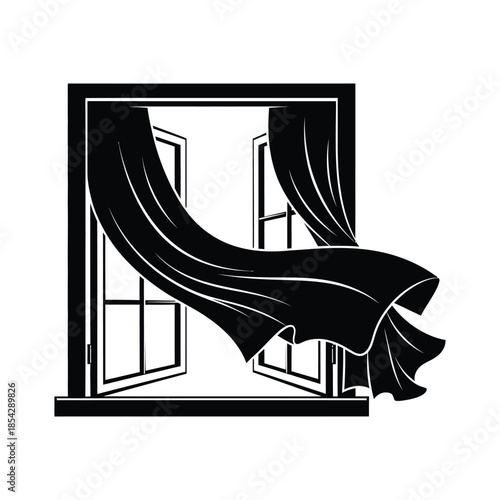 An open window with flowing curtains depicted in stark black and white silhouette