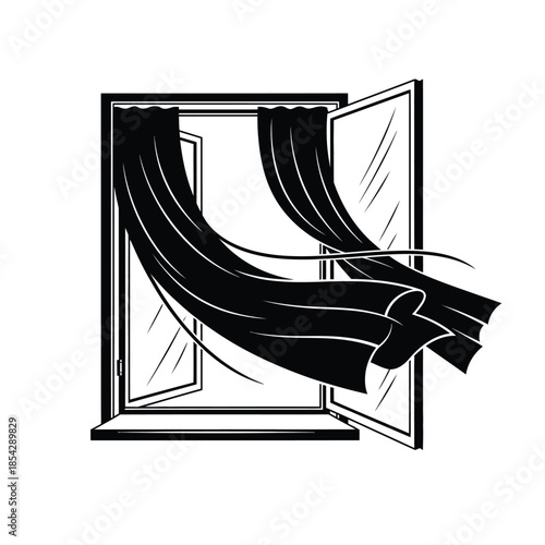 A window with flowing curtains depicted as a striking black and white silhouette