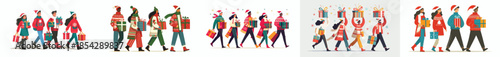 vector group of people walking carrying Christmas gifts together