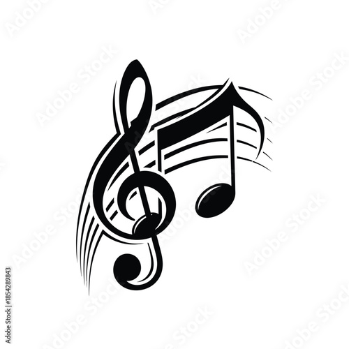 Elegant black musical notes design with flowing lines and a dramatic silhouette