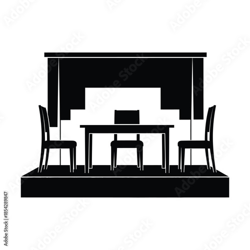 A minimalist stage setup with a table chairs and curtain in silhouette