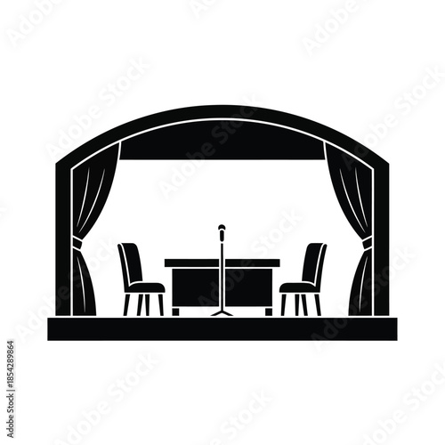 a stage with two chairs a table and a microphone in black silhouette
