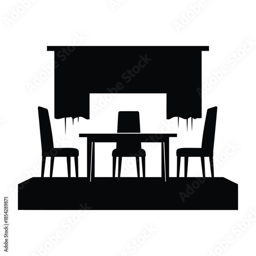 A simple dining room setup with a table chairs and stage black silhouette