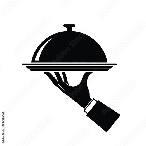 A hand presenting a covered dish showcasing elegant dining service in a striking silhouette