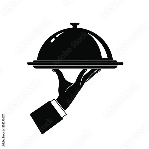 A black silhouette of a hand presenting a covered dish on a platter silhouette
