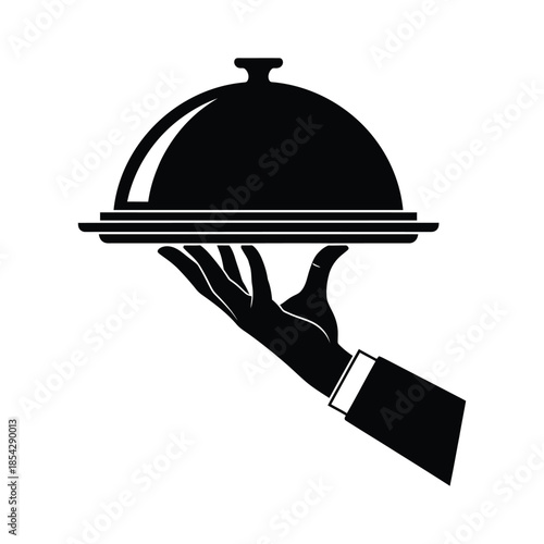 A black silhouette of a hand presenting a covered dish on a platter silhouette