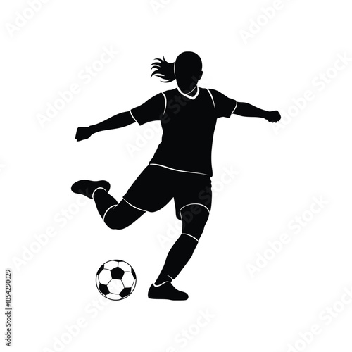 A dynamic female soccer player in action kicking a ball with power silhouette