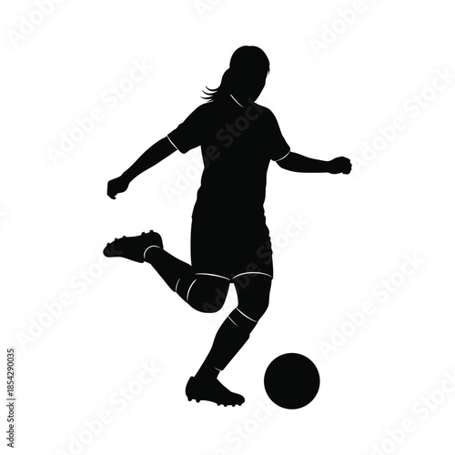 A dynamic female soccer player in action running with the ball silhouette