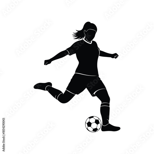 A dynamic female soccer player in action kicking a ball with energy silhouette