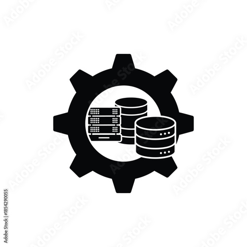Gear mechanism with stacked books and database cylinders in a dark silhouette