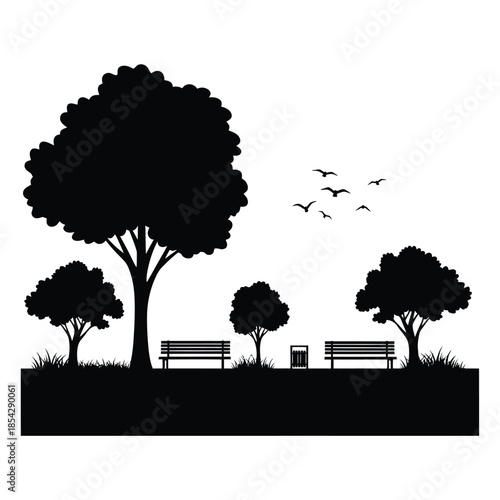A peaceful park scene with trees benches and birds in a striking silhouette