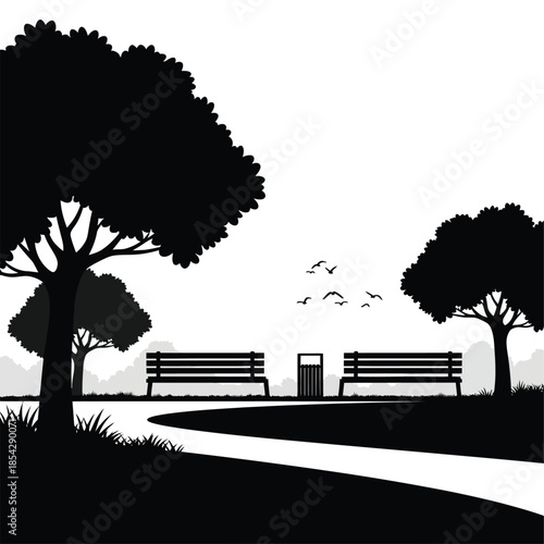 A peaceful park scene with trees benches and a path presented as a silhouette