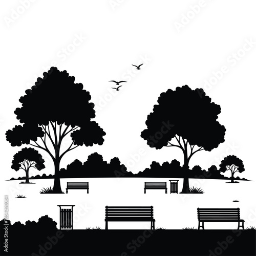 A serene park landscape with trees benches and birds in dark silhouette